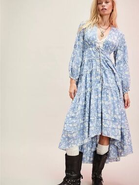 Free People Light Blue Floral Tiered Midi Dress